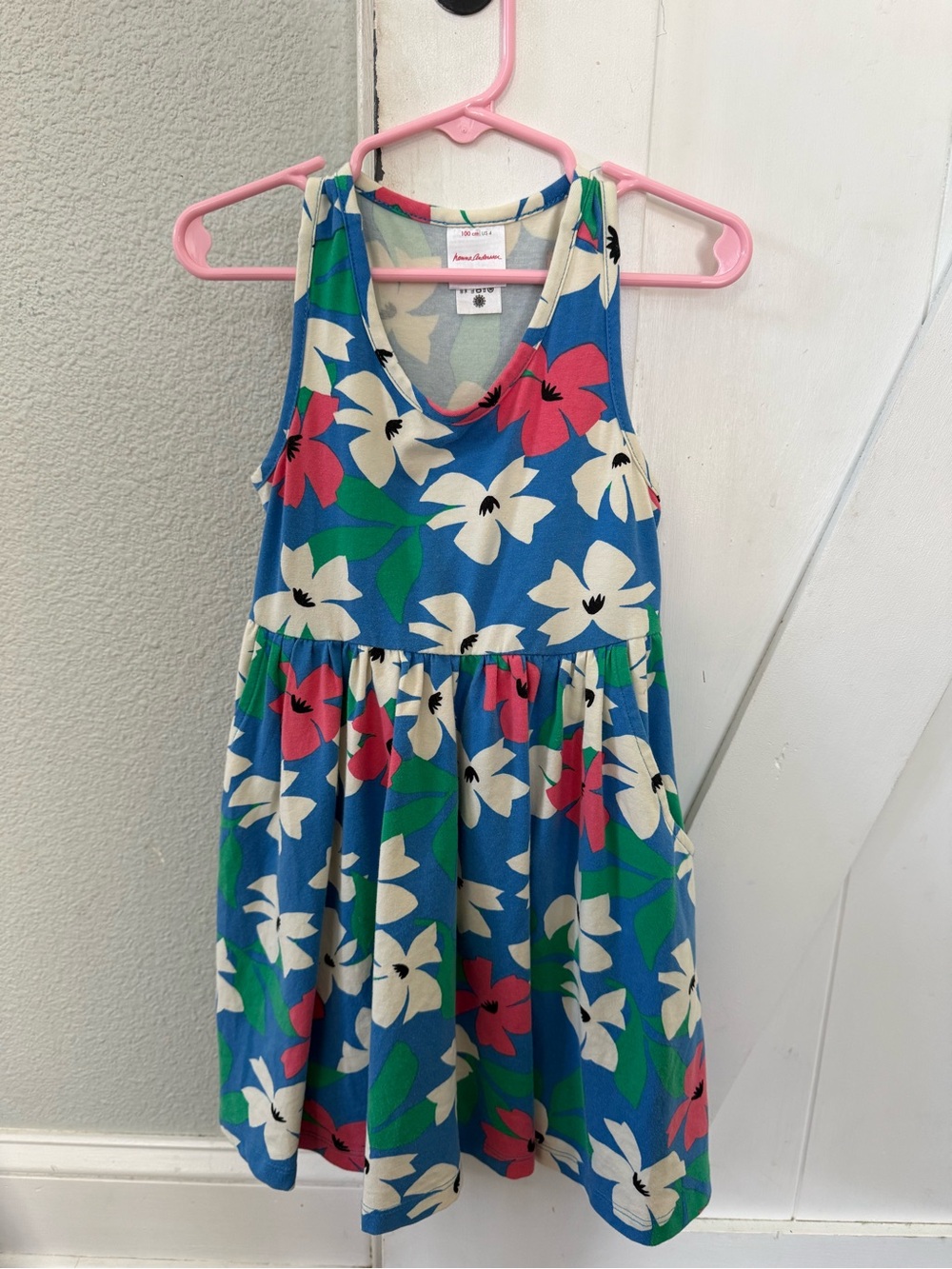 Hanna Andersson Blue Floral Tank Dress with White and Pink Blooms